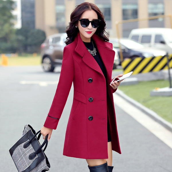Women's Clothing 2019 Coat Female New Fashion Spring Coats Turn-down Collar Solid Double Breasted Pocket Slim Woolen coats