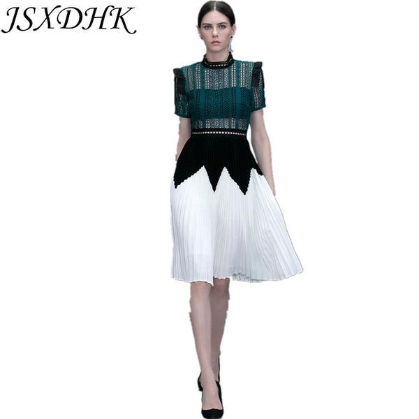 New Self Portrait Dress 2018 Runway Spring Green Patchwork White Hollow Out Lace Stand Collar Pleated Party Women Dress
