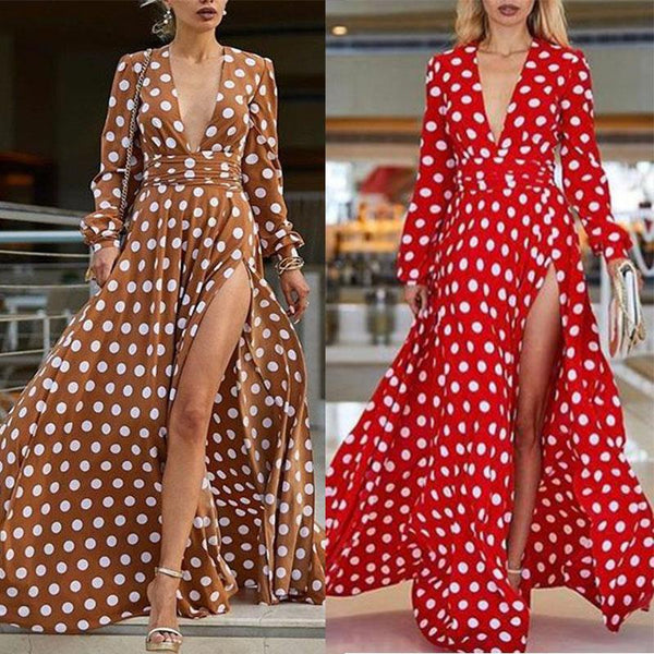 Women Polka Dots Split Sexy Maxi Dress Bohemian Dress 2019 Autumn High Waist Pleated Female Fashion Runway Big Swing Long Dress
