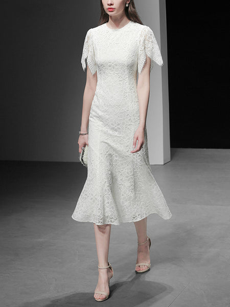 Chic Fashion Women Lace Dresses O Neck Short Butterfly Sleeve Ball Gown White Dresses Long Bodycon Casual Mid Waist Dress Z1115