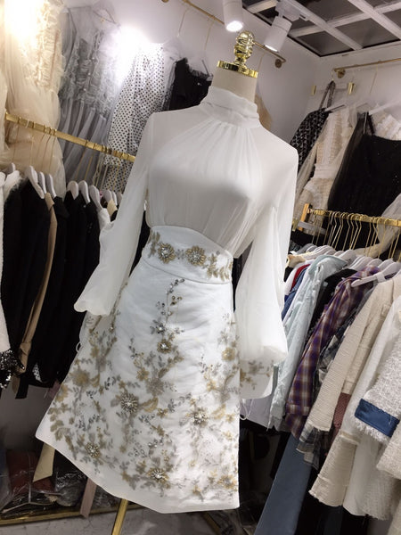 Seiwnibu Newest Fashion Runway 2018 Suit Set Women's Long Sleeve womens Blouse+High waist embroidery beading 2 piece Skirt Set