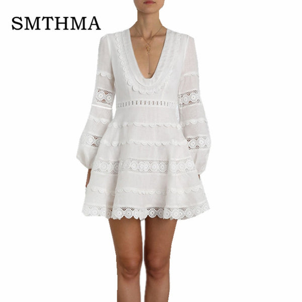  High-end customization New Fashion 2019 Designer Runway Dress Women's Puff Sleeve Lace Patchwork Casual Chic Dress vestidos