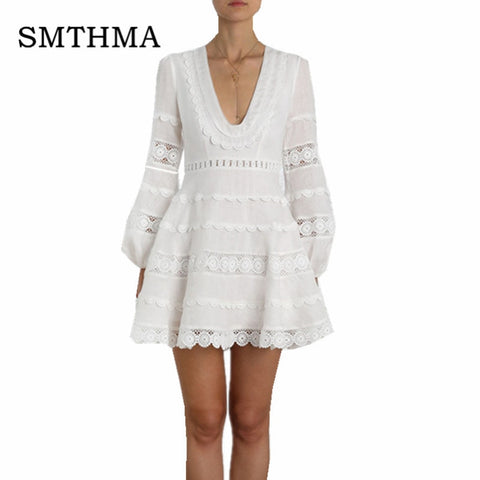  High-end customization New Fashion 2019 Designer Runway Dress Women's Puff Sleeve Lace Patchwork Casual Chic Dress vestidos