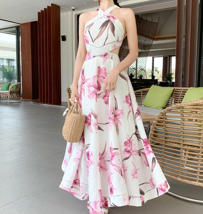 Summer Holiday Long Dress 2019 Runway Women Sexy Backless Hollow Out Maxi Dress Slim Halter Beach Party Dress