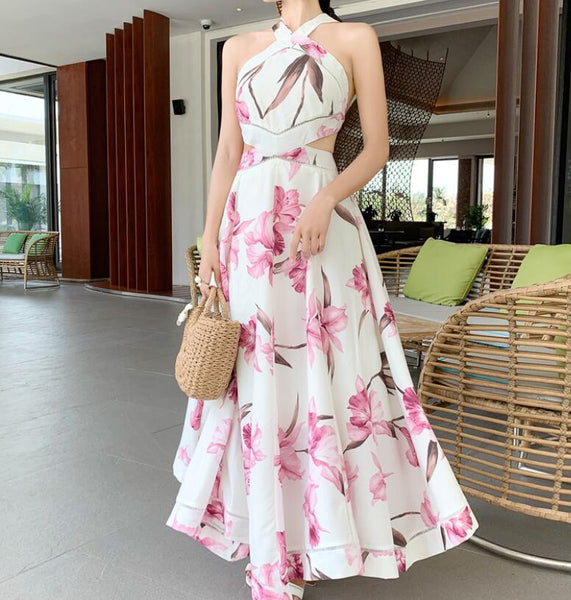 Summer Holiday Long Dress 2019 Runway Women Sexy Backless Hollow Out Maxi Dress Slim Halter Beach Party Dress