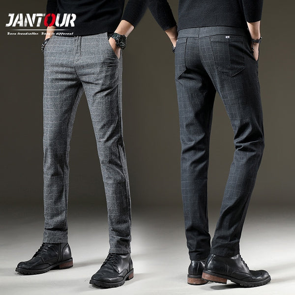 Men Casual Elastic Long Trousers Cotton Lattice Straight