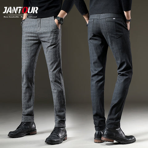 Men Casual Elastic Long Trousers Cotton Lattice Straight