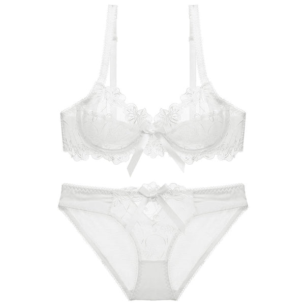 Sexy Embroidery Transparent Bras Set Women Plus Size Lingerie Set Ultra thin C D Cup Underwear Bow Brassiere panties Bra Set