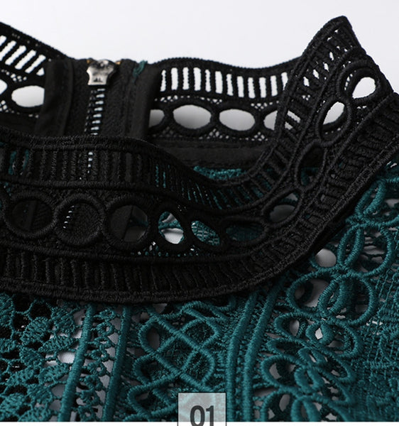 New Self Portrait Dress 2018 Runway Spring Green Patchwork White Hollow Out Lace Stand Collar Pleated Party Women Dress