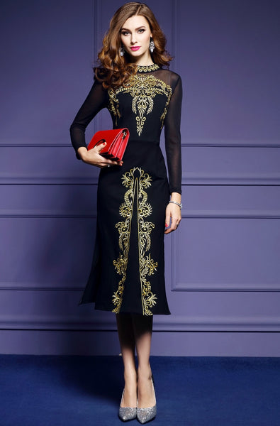 Seiwnibu Plus Size Autumn Women Black Dress 2018 Runway Gold Embroidery Long Sleeve Stretch Elegant Split Party Dress Vestidos