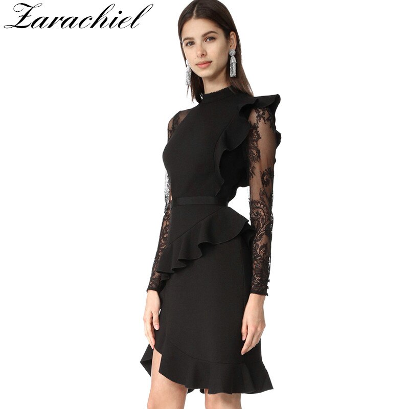 Self Portrait Summer Runway Ruffles Irregular Lace Patched Dress Women Vintage Long Sleeve Package Hip Black Bodycon Club Dress