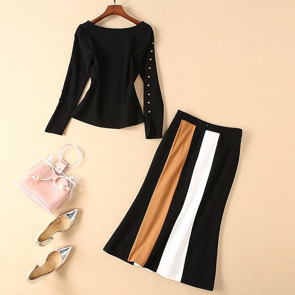 Runway Designer New Fashion High Quality 2019 Spring Party Sexy Black Long Sleeve Top Mermaid Half Skirt Elegant Women'S Sets