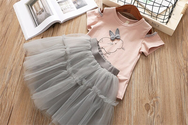 Girls Dress 2019 Brand Kids Clothes White Cartoon Cute Bunny Set Short Sleeve T-Shirt+Veil Dress 2Pcs Girls Easter Dress 3 8Y   