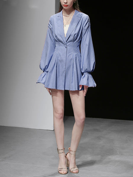 Unique Design Simple Fashion Women jacket Striped Single Button Long Lantern Sleeve Turn Down Neck Coats Casual Blazers 1111