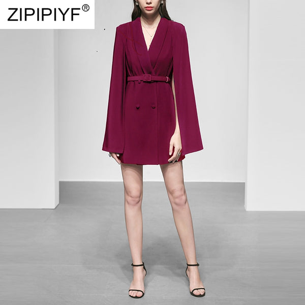 Original Zipipiyf Cloak Dress Notched Double Breasted Blazer Solid Color Fashion Dresses C2013