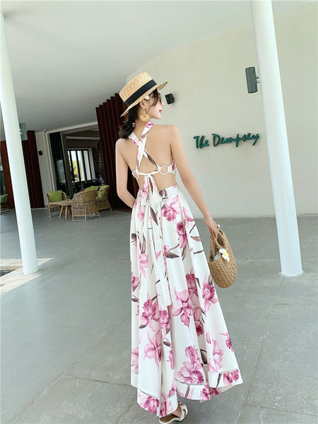 Summer Holiday Long Dress 2019 Runway Women Sexy Backless Hollow Out Maxi Dress Slim Halter Beach Party Dress