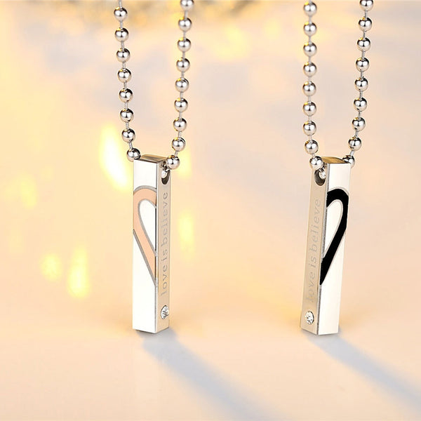 Heart Shape "Love Is Believe" Stainless Steel Couple Lovers Half Heart Pendant Necklace Puzzle Pendant Necklace (One Pair) N1210