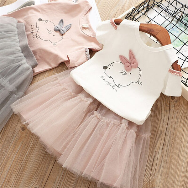 Girls Dress 2019 Brand Kids Clothes White Cartoon Cute Bunny Set Short Sleeve T-Shirt+Veil Dress 2Pcs Girls Easter Dress 3 8Y