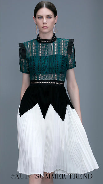 New Self Portrait Dress 2018 Runway Spring Green Patchwork White Hollow Out Lace Stand Collar Pleated Party Women Dress
