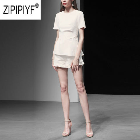Fashion Euro Women Two Pieces Sets O Neck Short Sleeve White Office Lady Blouse Top Loose Hot Short Casual Ruffle Pants Z1360