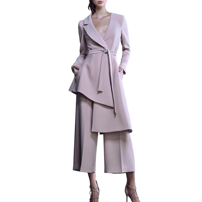 Pant Suits For Women Blazer Set Spring Lady Business Office Work Notched Irregular Long Jacket Elegant Wide Leg Pants Suit H6858