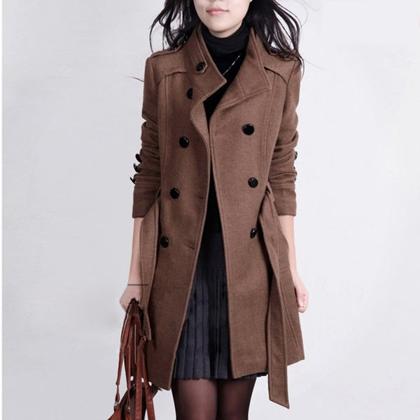 2019 Fashion Women's Woolen Coat Female Cashmere Thicker Coats Turn-down Collar Double Breasted Slim Sashes Solid Long Coat 