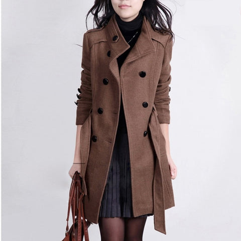 2019 Fashion Women's Woolen Coat Female Cashmere Thicker Coats Turn-down Collar Double Breasted Slim Sashes Solid Long Coat 