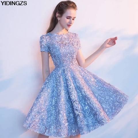YIDINGZS Elegant Gray Lace Prom Dress Simple Short Party Formal Gown