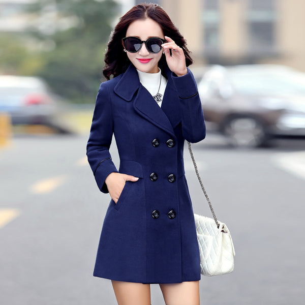 Women's Clothing 2019 Coat Female New Fashion Spring Coats Turn-down Collar Solid Double Breasted Pocket Slim Woolen coats  