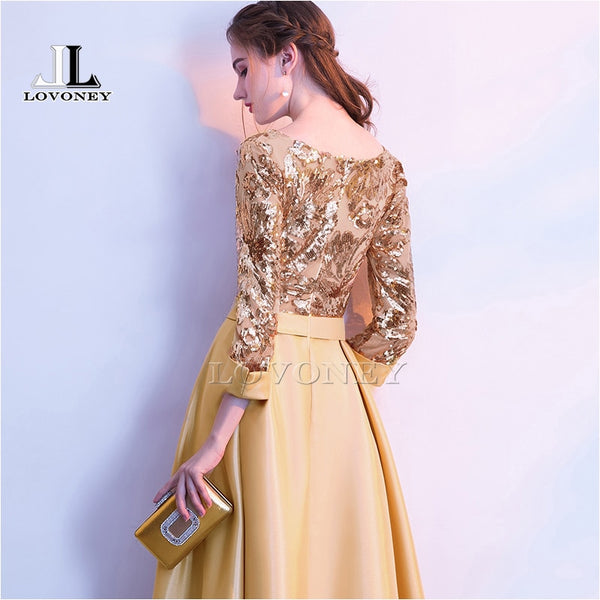 LOVONEY A Line Sequins Golden Evening Dress Long Prom Party Dresses Evening Gown Formal Dress Women Elegant Robe De Soiree M254