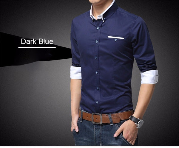 Men Cotton Casual Business Shirt Long Sleeve Solid Color
