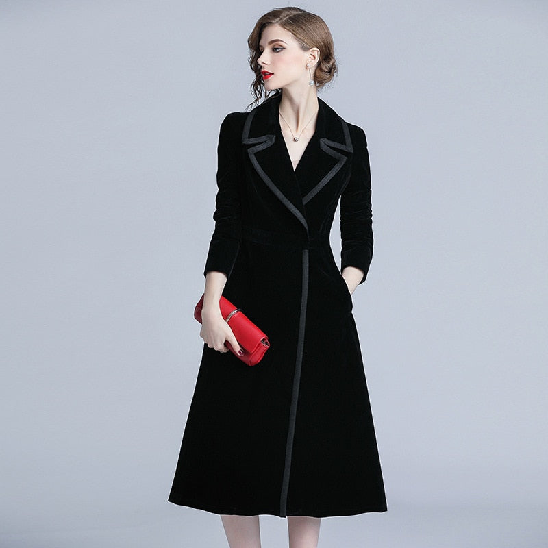 Black Velour Slim Tunic Long Trench Coat Elegant Vintage Office Party Fashion Casual Outerwear 2019 Spring Clothing