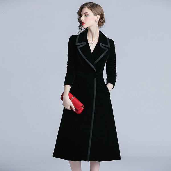 Black Velour Slim Tunic Long Trench Coat Elegant Vintage Office Party Fashion Casual Outerwear 2019 Spring Clothing