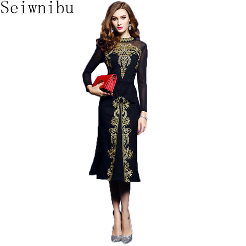 Seiwnibu Plus Size Autumn Women Black Dress 2018 Runway Gold Embroidery Long Sleeve Stretch Elegant Split Party Dress Vestidos