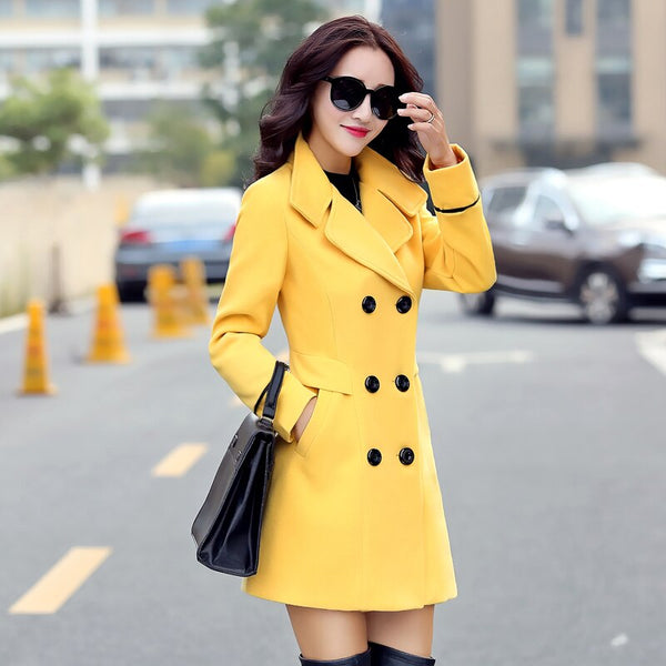 Women's Clothing 2019 Coat Female New Fashion Spring Coats Turn-down Collar Solid Double Breasted Pocket Slim Woolen coats