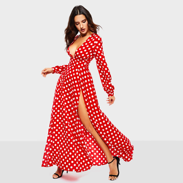 Women Polka Dots Split Sexy Maxi Dress Bohemian Dress 2019 Autumn High Waist Pleated Female Fashion Runway Big Swing Long Dress