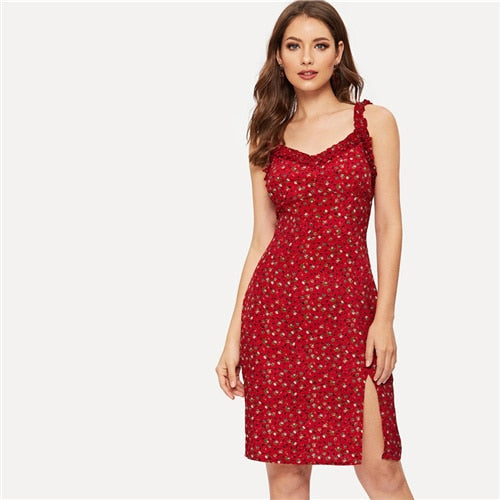 SHEIN Burgundy Ruffle Strap Slit Hem Floral Print Zipper Sheath Slim Dress Women Summer High Waist Sleeveless Short Dress
