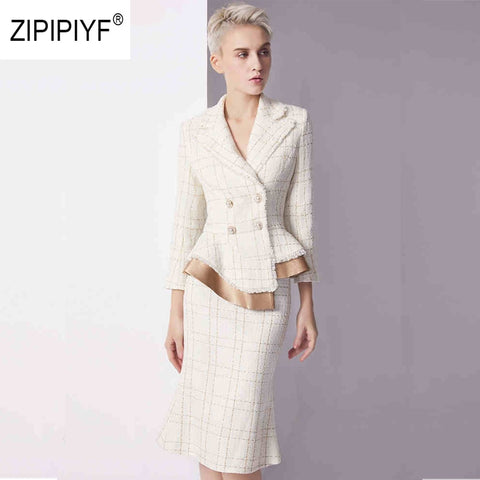new arrival fashion skirt suits plaid temperament suit Double Breasted Irregular Blazer+mermaid skirt OL women skirt suits AB146