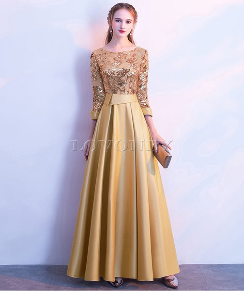 LOVONEY A Line Sequins Golden Evening Dress Long Prom Party Dresses Evening Gown Formal Dress Women Elegant Robe De Soiree M254
