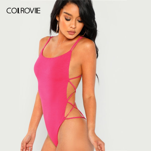 Strappy Backless Bodysuit Women Black Sleeveless Summer Beach Hot Bodysuits Navy Scoop Neck Cross Slim Cami Bodysuit