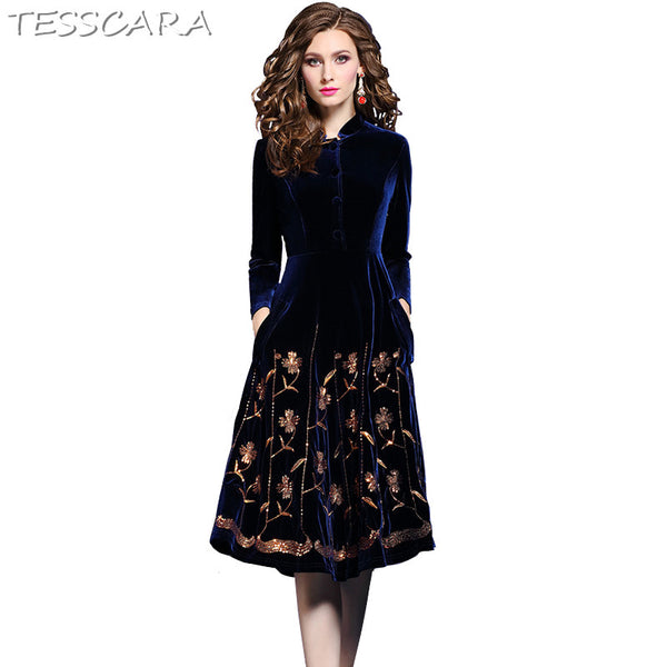 Women Autumn & Winter Elegant Sequin Velvet Dress Festa