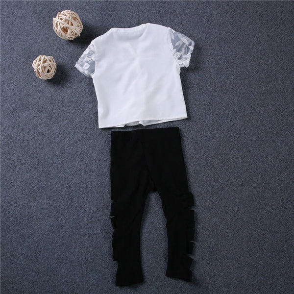 Spring Summer Girls Clothing Sets, Short Sleeve Lace T-shirt Black Hole Legging Pants 2 PCS/set