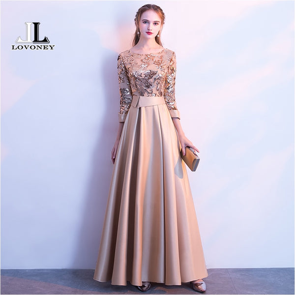 LOVONEY A Line Sequins Golden Evening Dress Long Prom Party Dresses Evening Gown Formal Dress Women Elegant Robe De Soiree M254