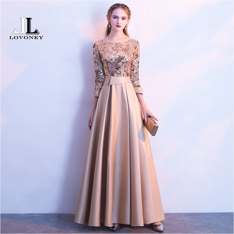 LOVONEY A Line Sequins Golden Evening Dress Long Prom Party Dresses Evening Gown Formal Dress Women Elegant Robe De Soiree M254