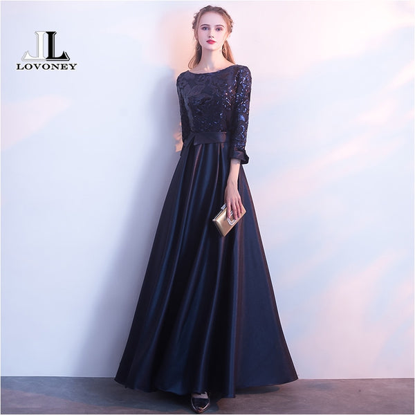 LOVONEY A Line Sequins Golden Evening Dress Long Prom Party Dresses Evening Gown Formal Dress Women Elegant Robe De Soiree M254