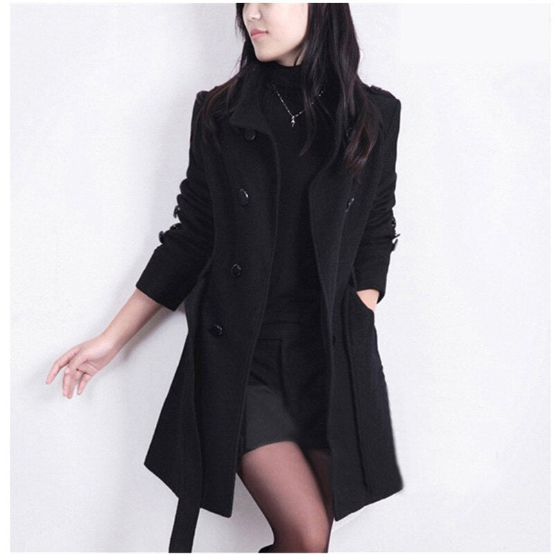 2019 Fashion Women's Woolen Coat Female Cashmere Thicker Coats Turn-down Collar Double Breasted Slim Sashes Solid Long Coat