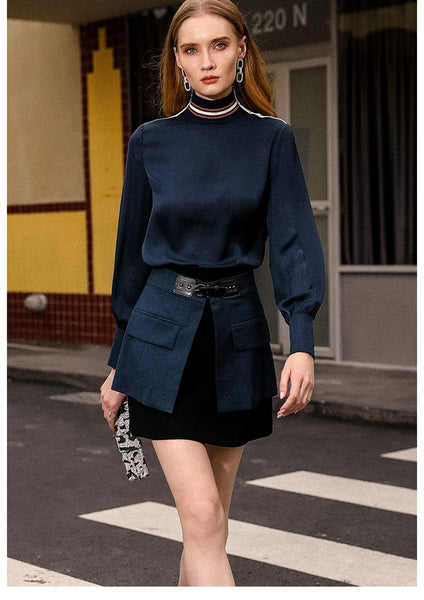 Women Office Lady Casual Two Pieces Sets Striped Long Sleeve Turtle Neck Loose Work Blouse Layered Belt Short Chic Skirts Z1273