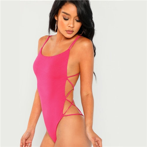 Strappy Backless Bodysuit Women Black Sleeveless Summer Beach Hot Bodysuits Navy Scoop Neck Cross Slim Cami Bodysuit