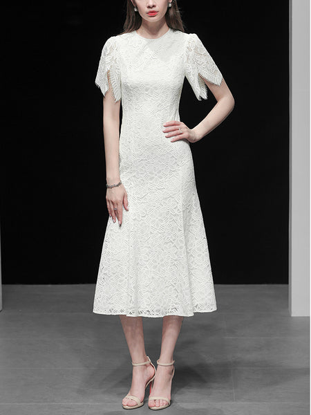 Chic Fashion Women Lace Dresses O Neck Short Butterfly Sleeve Ball Gown White Dresses Long Bodycon Casual Mid Waist Dress Z1115