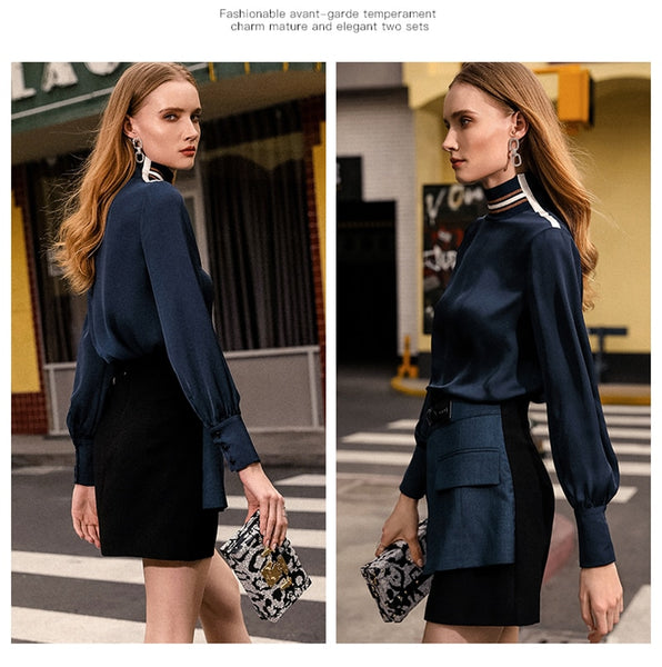 Women Office Lady Casual Two Pieces Sets Striped Long Sleeve Turtle Neck Loose Work Blouse Layered Belt Short Chic Skirts Z1273